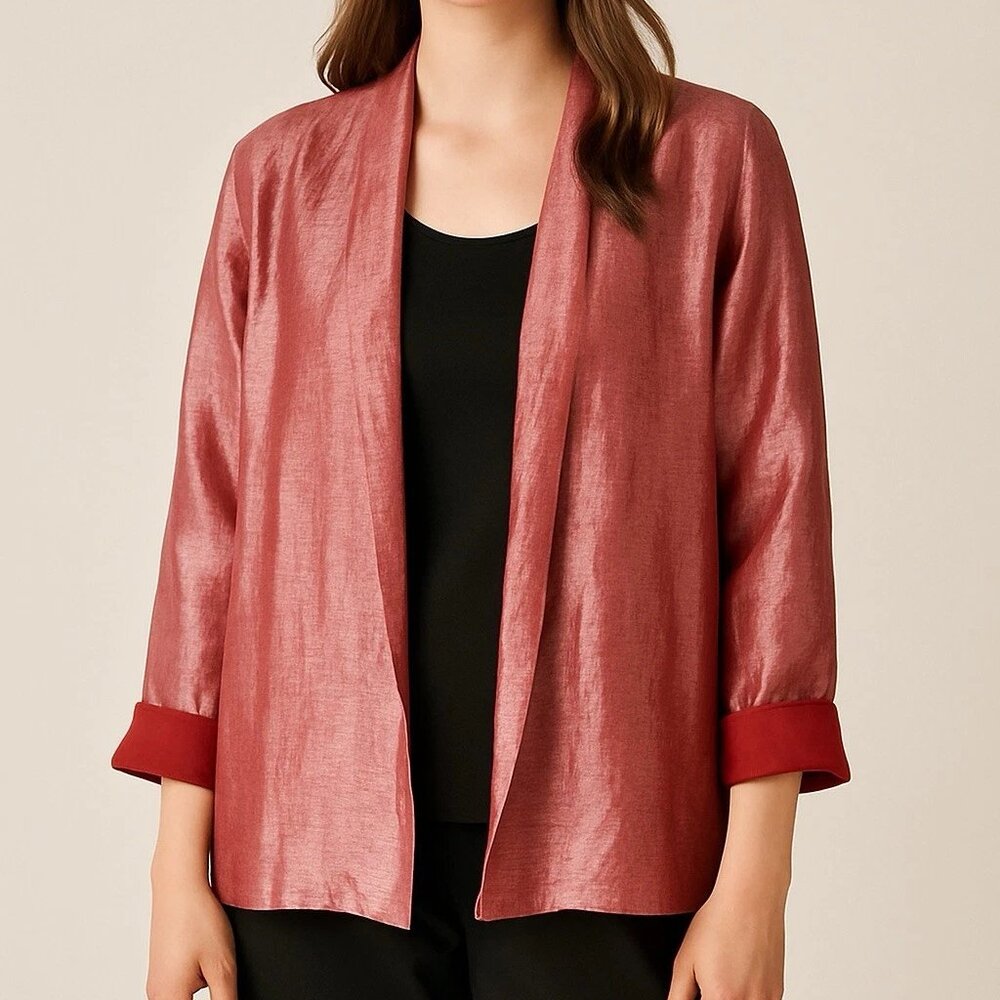 Eileen Fisher Pink Iridescent Jacket Cardigan Blazer Open Front Linen Silk S‎ B5
